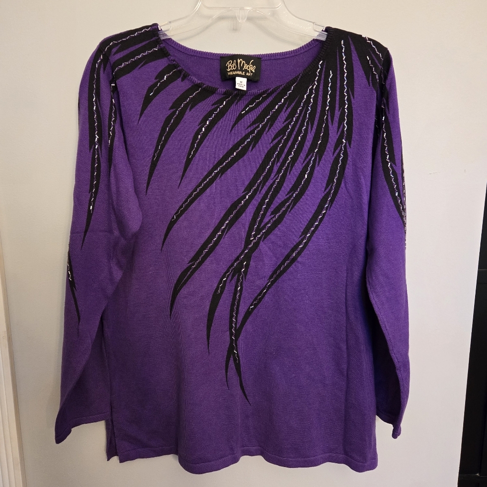 Retro BOB MACKIE Wearable Art Beaded Sweater Purple Black Beads Sz Medium artsy